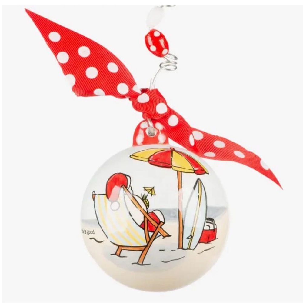 Glory Haus Beach Scene Holiday Ornament with Red Polka Dot Ribbon